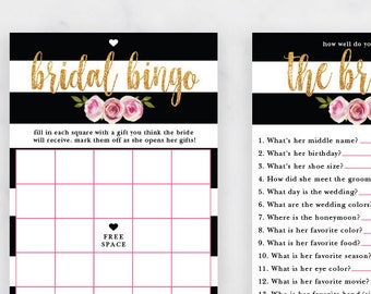 Kate Bridal Shower Games - Kate Theme Bridal Shower Printable Games - Instant Download PDF - Black White Stripes Gold Glitter -Print at Home