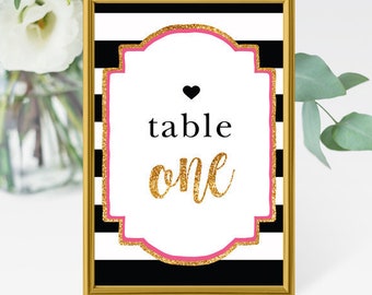 Kate Table Numbers - Kate Theme Bridal Shower Table Numbers - Gold Pink Black White Stripes - 4x6 Instant Download PDF - Print At Home