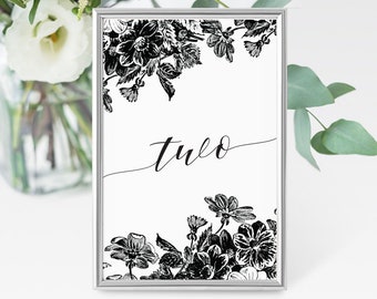 Black and White Table Numbers Flowers - Tables 1-20 - Flower Illustration Table Numbers - Printable Wedding Table Decor - Instant Download