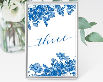Blue and White Table Numbers Flowers - Tables 1-20 - Porcelain China Inspired - Printable Wedding Table Decor - Instant Download
