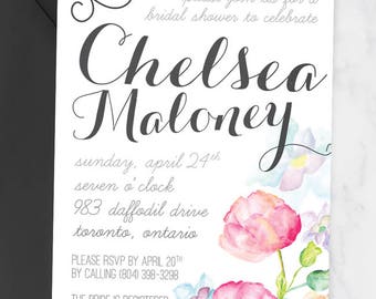 Black and White Watercolor Flowers Bridal Shower Invitation - Print at Home - Digital Download Printable Pink & Purple Floral Shower Invite