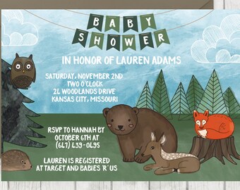 Woodland Baby Shower Invitation - Forest Animals Baby Shower Invite - 5x7 Print At Home - Gender Neutral - Cute Wildlife Baby Animals
