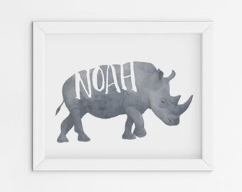 Rhino Nursery Art - Safari Nursery Decor - Customized Baby Name Nursery Artwork - Watercolor Rhino - Print at Home Download 8x10