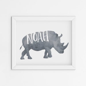 Rhino Nursery Art - Safari Nursery Decor - Customized Baby Name Nursery Artwork - Watercolor Rhino - Print at Home Download 8x10