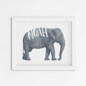 Gray Elephant Nursery Art - Customized Baby Name Nursery Artwork - Safari Nursery Decor - Watercolor Elephant - Print at Home Download 8x10