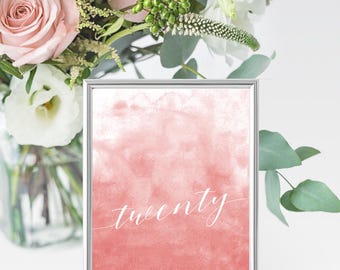 Coral 4x6 Table Numbers - Printable Wedding Table Decor - Pink and White - Watercolor Calligraphy - Download & Print at Home - Tables 1-20