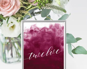 Wine 4x6 Table Numbers - Printable Wedding Table Decor - Burgundy Maroon and White - Watercolor Calligraphy - Download & Print - Tables 1-20