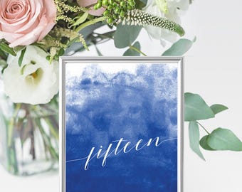 Navy Blue 4x6 Table Numbers - Printable Wedding Table Decor - Blue & White - Watercolor Calligraphy - Download + Print at Home - Tables 1-20