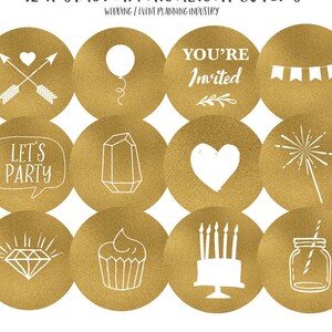 May include: Twelve gold circle Instagram highlight covers with white icons. Icons include a heart with arrows, a balloon, text that says "You're Invited", a string of flags, a speech bubble that says "Let's Party", a crystal, a heart, fireworks, a diamond, a cupcake, a cake with candles, and a mason jar with a straw.