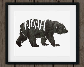 Bear Nursery Art - Customized Baby Boy Name Nursery Artwork - Woodland Nursery Name Art - Watercolor Bear Art - Print at Home Download 8x10