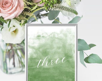 Sage Green and White Printable Watercolor Calligraphy Wedding Table Numbers 4x6 - Download & Print at Home - Tables 1-20