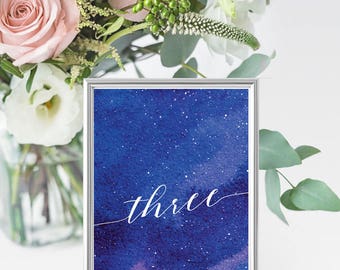 Galaxy Table Numbers - Space Table Numbers - Wedding Table Numbers 1-20 - Night Sky Table Numbers - Watercolor Blue and Purple Table Numbers