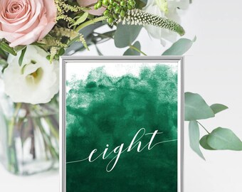 Dark Green 4x6 Table Numbers - Printable Wedding Table Decor - Green & White - Watercolor Calligraphy Download + Print at Home - Tables 1-20