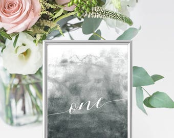 Silver 4x6 Table Numbers - Printable Wedding Table Decor - Gray & White - Watercolor Calligraphy - Download + Print at Home - Tables 1-20
