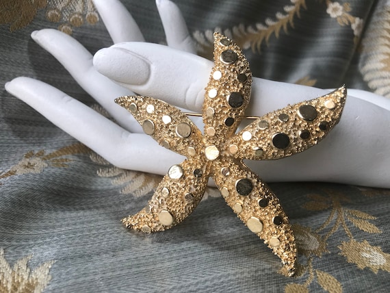 Starfish Brooch Signed Coro Golden Vintage 1950's Big 