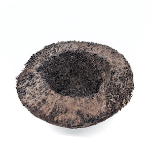 May include: A brown, round, woven coconut fiber pot for planting small plants. The pot has a deep center and is made of natural materials.
