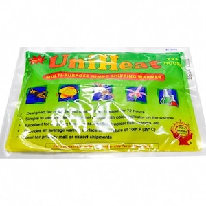 May include: A yellow and green UniHeat multi-purpose jumbo shipping warmer with a 72-hour heat indicator. The warmer is designed for use with tropical fish, flowers, and other items that need to be kept warm during shipping.