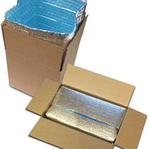 May include: Two cardboard boxes, one inside the other. The outer box is brown and the inner box is lined with a silver and blue insulated material.
