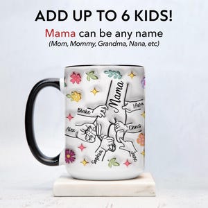 May include: White ceramic mug with a black handle. The mug features a design of hands holding onto the word "Mama" with the names Alex, Blake, Sophia, Ava, Chris, and Jane written around the hands. The mug has a floral design with colourful flowers and leaves.