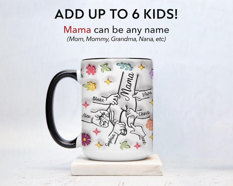 May include: White ceramic mug with a black handle. The mug features a design of hands holding onto the word "Mama" with the names Alex, Blake, Sophia, Ava, Chris, and Jane written around the hands. The mug has a floral design with colourful flowers and leaves.