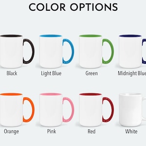 May include: Eight different colour options for a ceramic mug with a coloured rim and handle. The colours are black, light blue, green, midnight blue, orange, pink, red, and white.