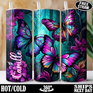 Personalized Butterfly Tumbler Cup, Custom Stained Glass Butterfly Lover Travel Mug, Neon Butterfly Gifts for Her Girls Women Kids C-15F
