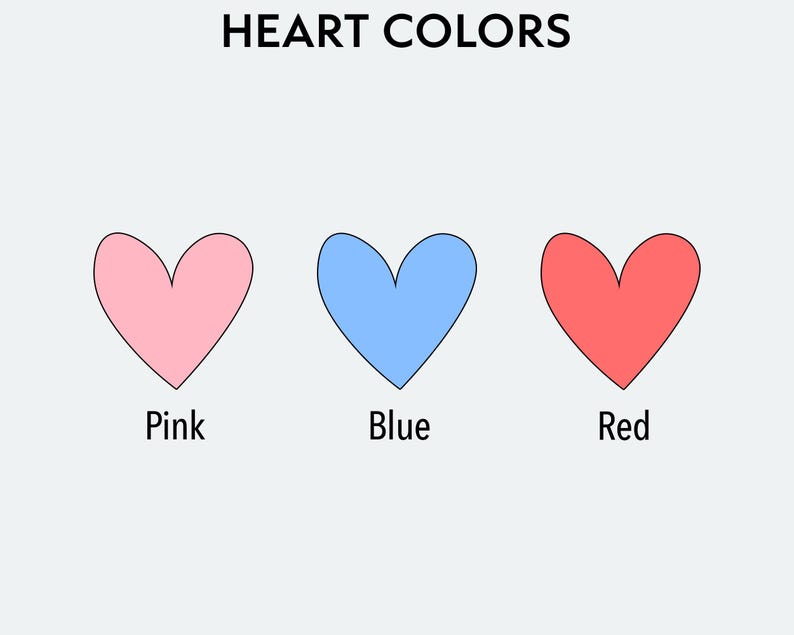 May include: Image with the text "HEART COLORS" above three hearts. The hearts are pink, blue, and red, with the color names below each heart. The hearts have black outlines.