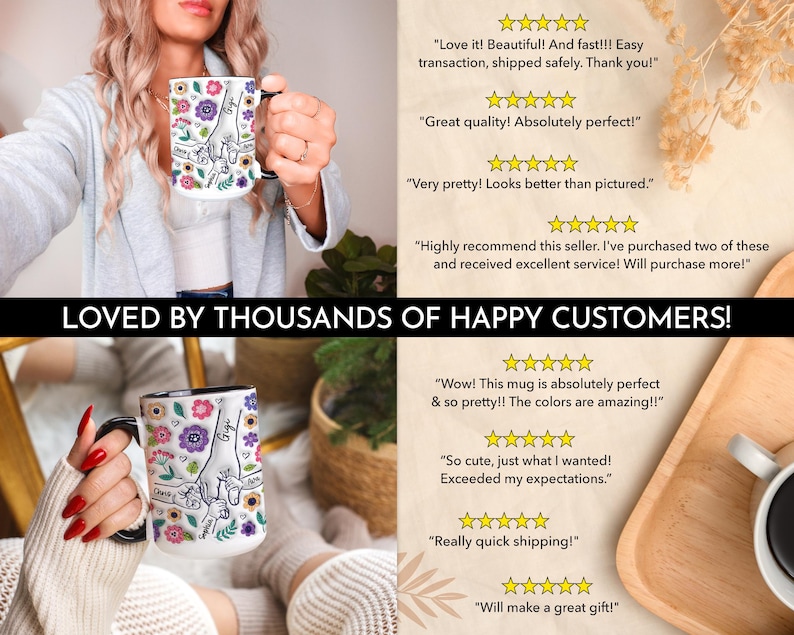 Puede incluir: Una taza de caf&eacute; de cer&aacute;mica blanca con un borde negro. La taza presenta una ilustraci&oacute;n colorida de manos entrelazadas con flores y los nombres "Chris", "Olivia", "Gigi" y "Nora". La taza est&aacute; siendo sostenida por una mano con esmalte de u&ntilde;as rojo. La imagen incluye rese&ntilde;as de clientes con calificaciones de cinco estrellas y comentarios positivos sobre la taza.
