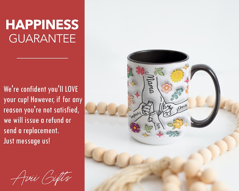 May include: White ceramic mug with a black handle. The mug features a floral design with hand-drawn illustrations of hands holding each other. The text "Mama", "Sophia", "Ava", and "Chris" is written on the hands.