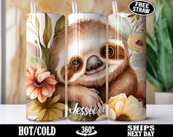 Personalized Sloth Tumbler, Custom Baby Sloth Tumbler, Sloth Cup, Sloth Gifts for Her Girls Women, Cute Floral Flowers Sloth Lover R-81Y