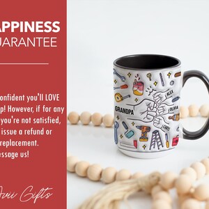 May include: White ceramic mug with a black handle and rim, featuring a design with tools, fists, and the word "GRANDPA." Names like Alex, Olivia, and Chris are also included. The mug has the text "HAPPINESS GUARANTEE."