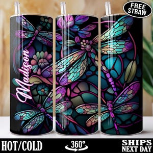 Personalized Stained Glass Dragonfly Tumbler, Custom Dragonflies Cup, Neon Dragonfly Lover Gifts for Mom Women, Dragon Fly Travel Mug L-13G
