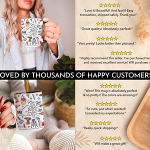 May include: White ceramic mug with a black interior and handle, featuring a colorful design with the word "DAD", tools, and names. The mug is held by a person. Text on the image reads "LOVED BY THOUSANDS OF HAPPY CUSTOMERS!"