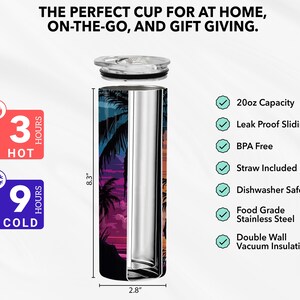 May include: A stainless steel tumbler with a tropical sunset design. It has a 20 ounce capacity and features a leak-proof sliding lid, double wall vacuum insulation, and is dishwasher safe. The tumbler is 8.3 inches tall and 2.8 inches wide.