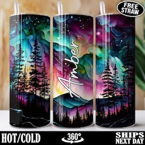 Northern Lights Tumbler Cup, Personalized Northern Lights Travel Mug, Custom Northern Lights Gift, Galaxy Night Sky Skinny Tumbler J-27K