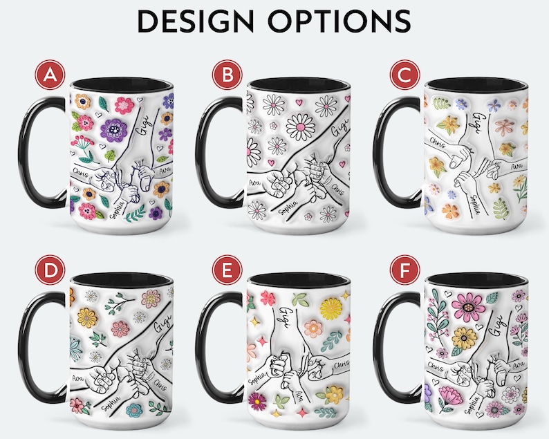 Puede incluir: Seis dise&ntilde;os diferentes para una taza de cer&aacute;mica blanca con borde negro. Cada taza presenta una ilustraci&oacute;n dibujada a mano de manos entrelazadas con acentos florales y nombres personalizados. Los nombres en las tazas son Gigi, Chris, Sophia y Ava.