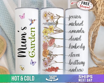 Personalized Mum Tumbler, Custom Mum's Garden Cup, Birthflower Birth Flower Gifts for Mom Gift with Kids Names Mother's Day Birthday L-27B