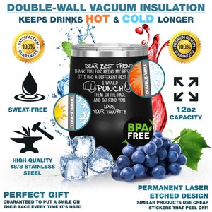 May include: Black stainless steel tumbler with a white inscription that reads "Dear Best Friend, Thank you for being my best. If I had a different best I would punch them in the face and go find you. Love, Your Favorite". The tumbler is 12 ounces and has a double-wall vacuum insulation to keep drinks hot or cold. It is BPA free.