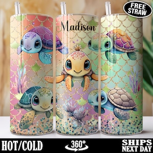 Personalized Turtle Tumbler, Custom Name Sea Turtle Tumbler, Cute Baby Turtle Cup, Glitter Sea Turtle Lover Gifts for Her Women Kids O-50A