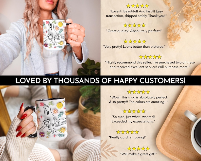 May include: White ceramic mug with a black handle. The mug features a floral design with the word "Mama" and a hand-drawn illustration of hands holding each other. The mug is surrounded by positive customer reviews.