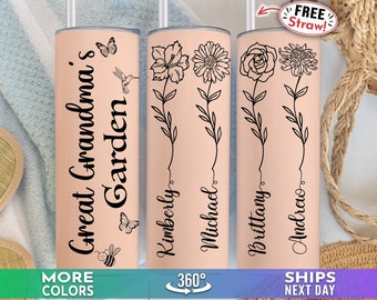 Personalized Great Grandma Tumbler with Kids Names, Custom Great Grandma's Garden Cup, Birthflower Birth Flower Gift for Great Grandma H-81M