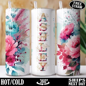 Flower Name Tumbler, Personalized Name Tumbler, Custom Name Tumbler Cup, Floral Name Tumbler with Flowers Gifts for Her, Gifts for Mom T-50N