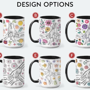 May include: Six different designs for a white ceramic coffee mug with a black rim. Each mug features a hand-drawn illustration of a family holding hands with the word "Mama" written on the mug. The designs feature different floral patterns and colours.