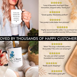 Puede incluir: Dos tazas de cer&aacute;mica blanca con asas negras. La taza de la izquierda tiene texto negro que dice "Every sip tastes like it's not my problem anymore". La taza de la derecha tiene un dise&ntilde;o floral azul y el texto "Olivia Officially Retired 2023".