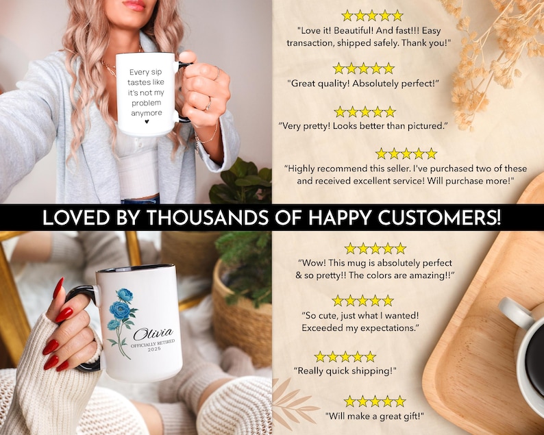 Puede incluir: Dos tazas de cer&aacute;mica blanca con asas negras. La taza de la izquierda tiene texto negro que dice "Every sip tastes like it's not my problem anymore". La taza de la derecha tiene un dise&ntilde;o floral azul y el texto "Olivia Officially Retired 2023".