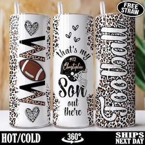 Personalized Football Mom Tumbler, Custom Football Mom Cup, Cheetah Leopard Football Mom Gifts for Football Mom, Player Name & Number J-50L