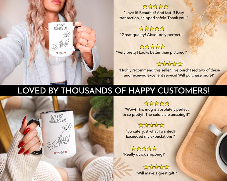 May include: White ceramic mug with black trim and handle, featuring the text "OUR FIRST MOTHER'S DAY" and a line drawing of two hands. The year "2026" and a heart are also included. The mug is held by a person.