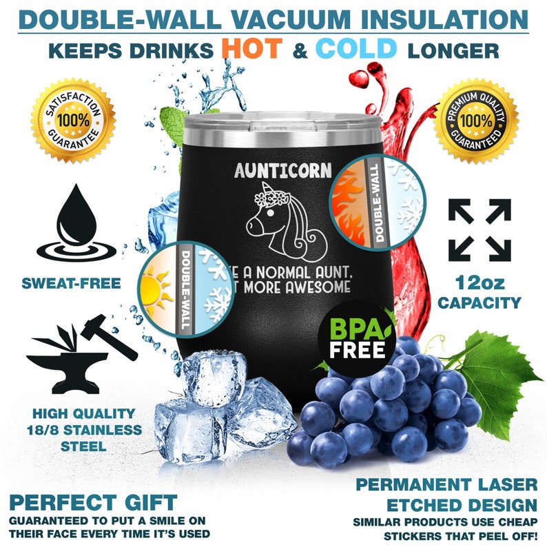 May include: Black stainless steel tumbler with a unicorn graphic and the text "Aunticorn - Be a normal aunt, it more awesome". The tumbler is 12 ounces and has a double-wall vacuum insulation to keep drinks hot or cold. It is BPA free and sweat-free.