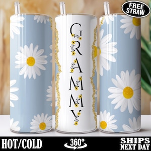 Grammy Tumbler, Grammy Cup, Grammy Travel Mug, Grandma Cup White Daisy Flower Floral Grammy Birthday Gift for Grammy Mother&#39;s Day Bday W-74E