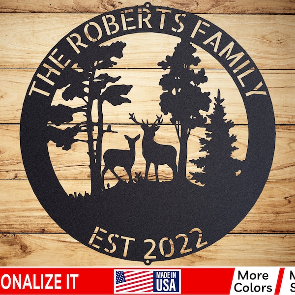 Personalized Deer Metal Cabin Sign Outdoor Hunter Hunting Head Antlers Customized Family Name Door Hanger Custom Last Name Monogram U-81F